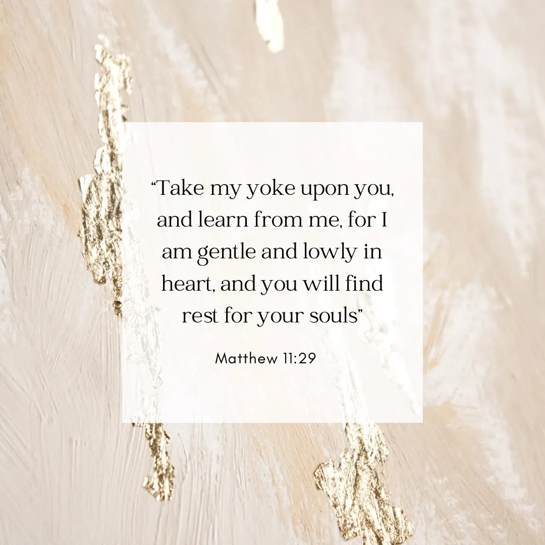 Matthew 11:29, gentle and lowly in heart, on a cream and gold card