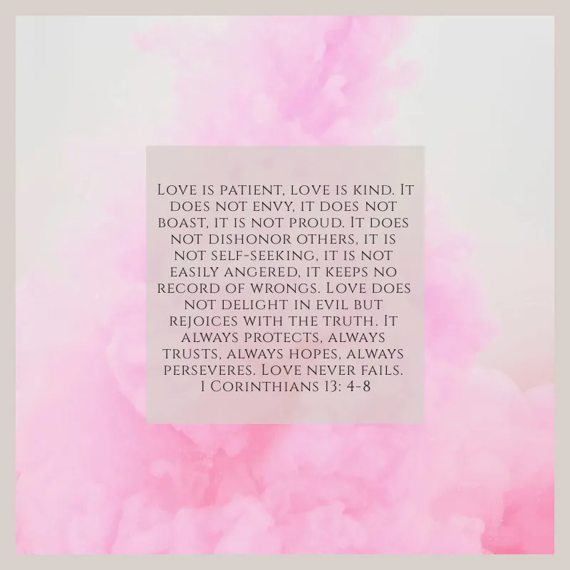 1 Corinthians 13:4–8, love is patient, love is kind, over pink clouds