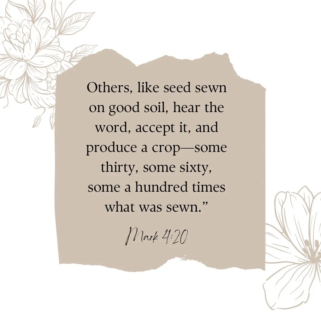 Mark 4:20, seed sown on good soil, on torn paper with floral sketches